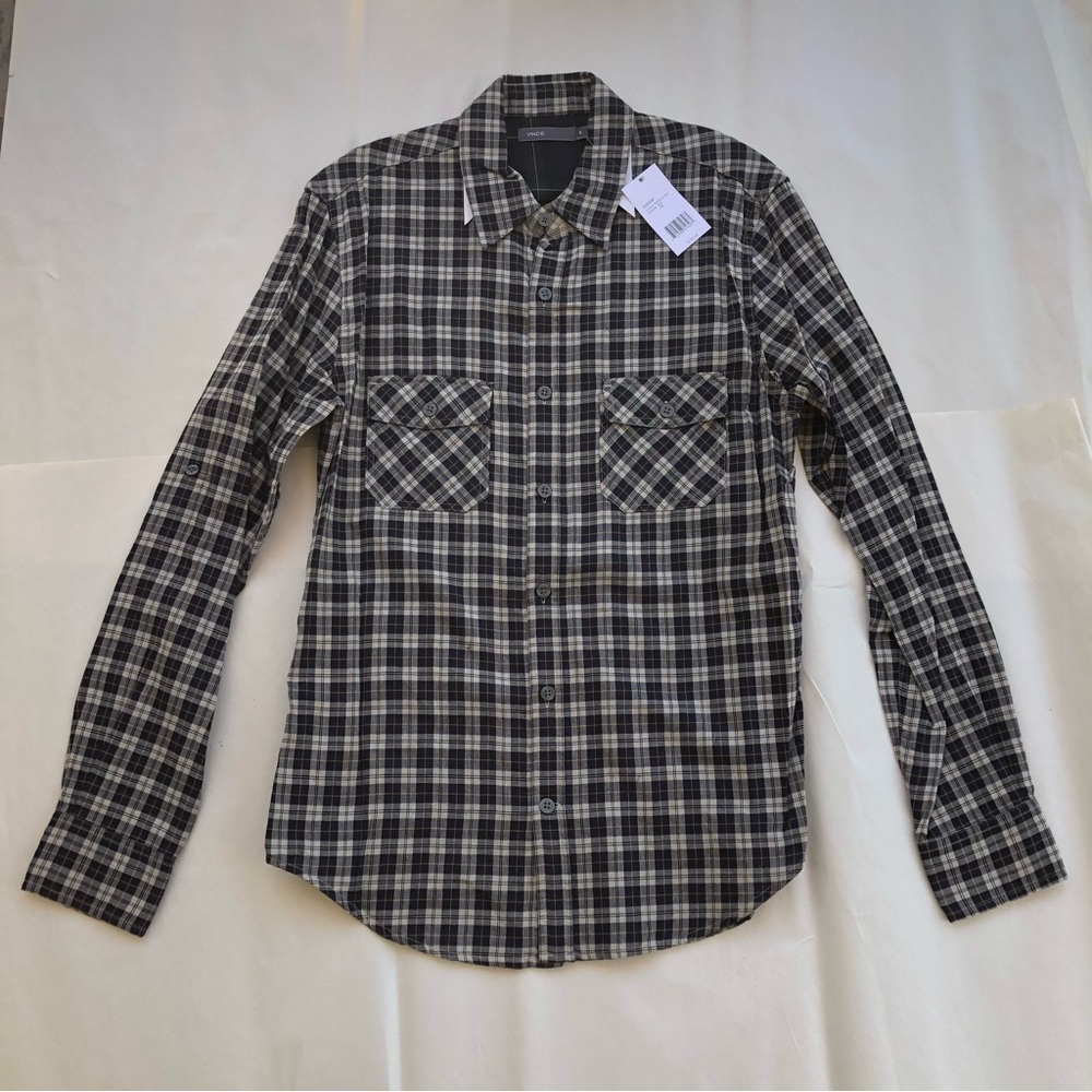 Vince Men's Navy and Grey Plaid Shirt, M